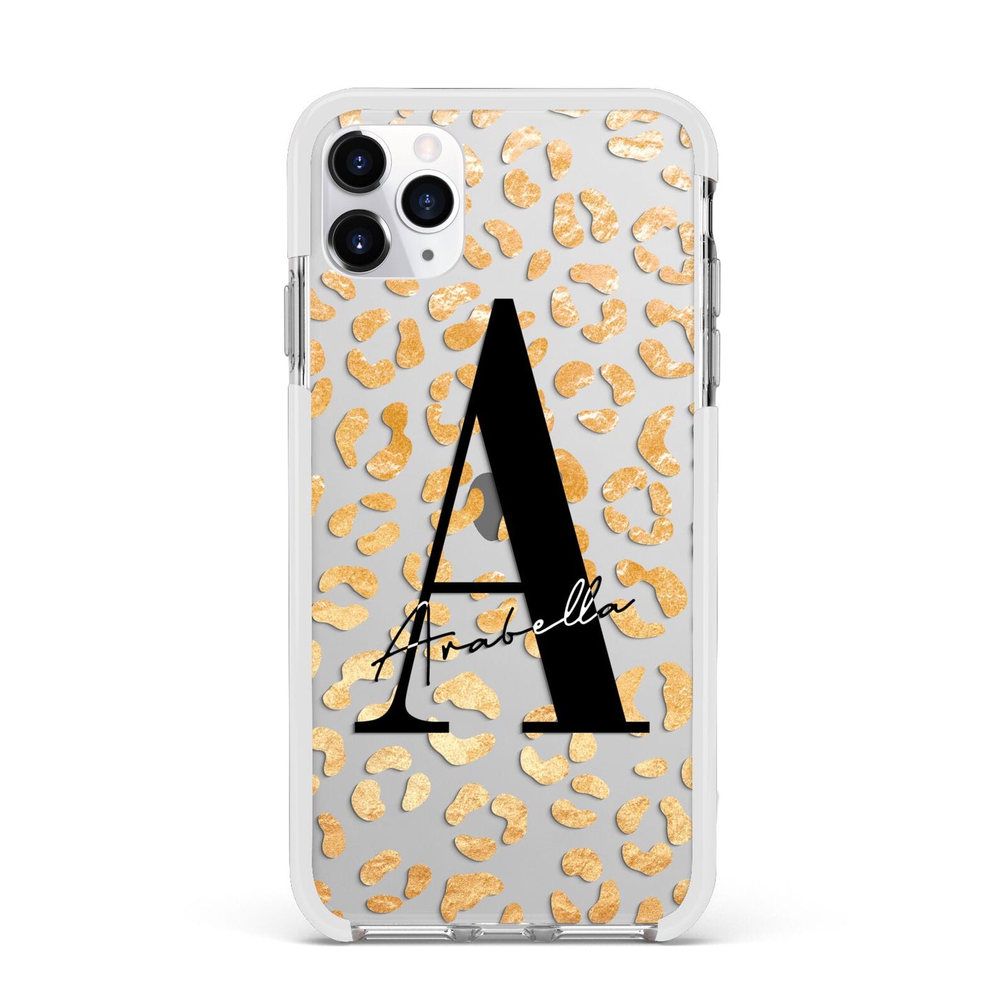 Personalised Leopard Print Gold Apple iPhone 11 Pro Max in Silver with White Impact Case