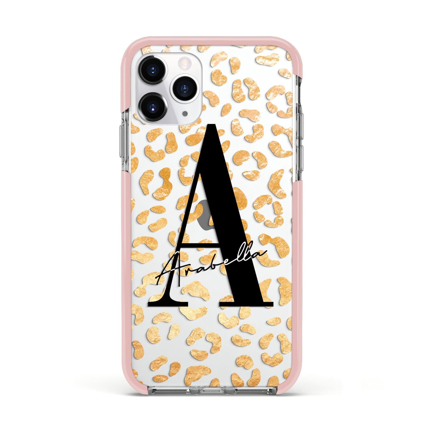 Personalised Leopard Print Gold Apple iPhone 11 Pro in Silver with Pink Impact Case