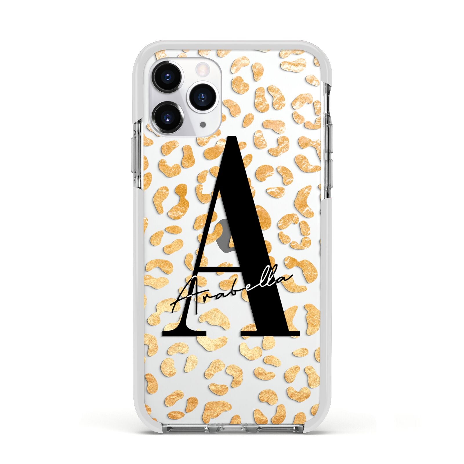 Personalised Leopard Print Gold Apple iPhone 11 Pro in Silver with White Impact Case