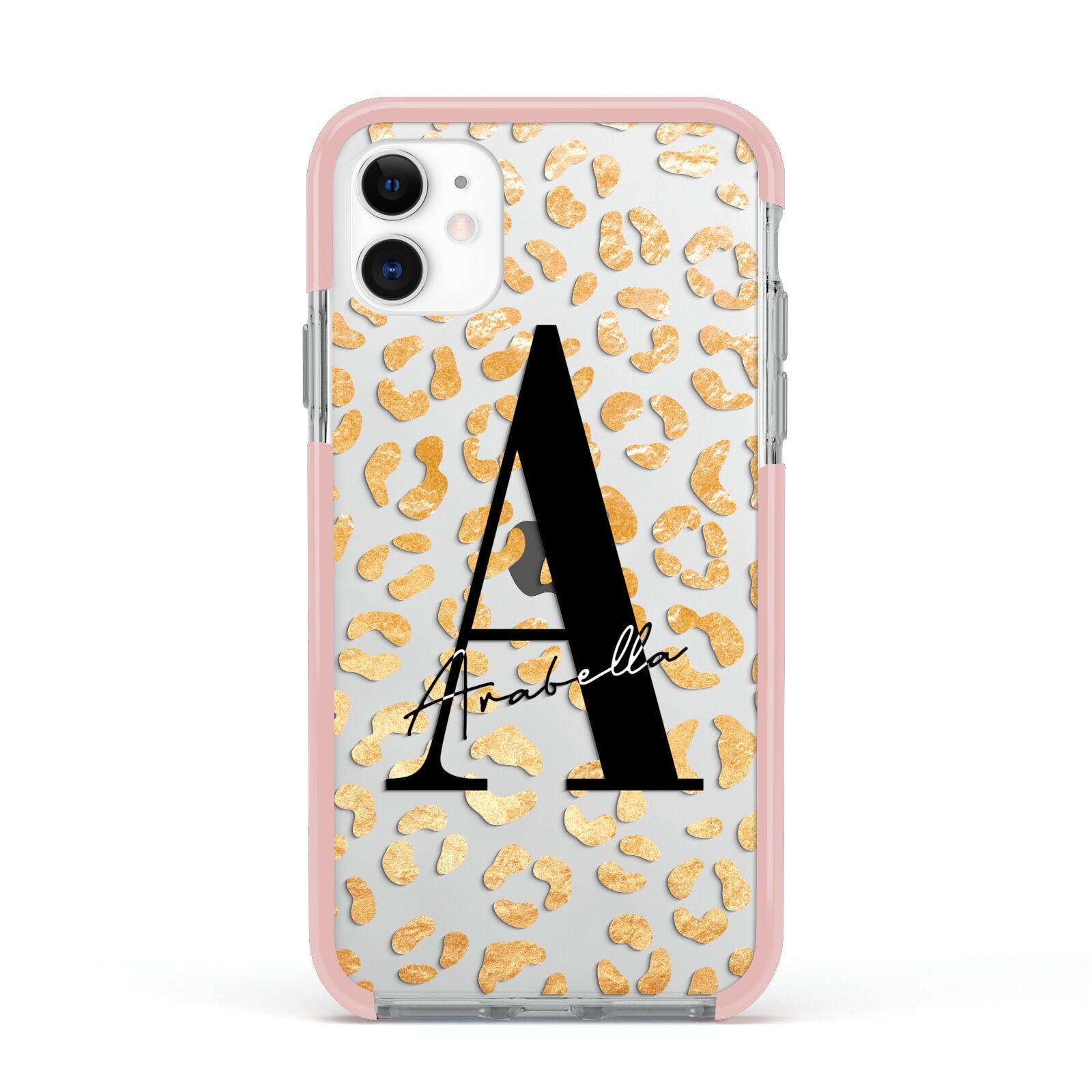 Personalised Leopard Print Gold Apple iPhone 11 in White with Pink Impact Case