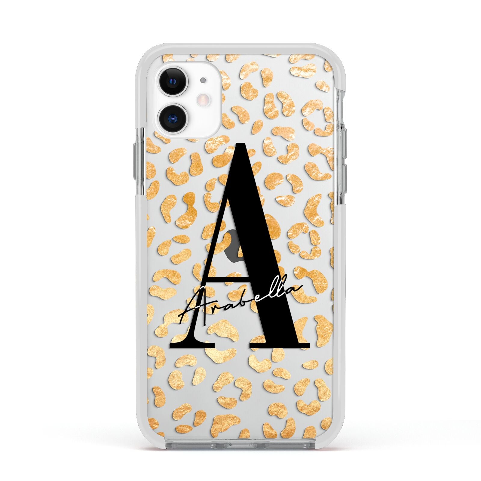 Personalised Leopard Print Gold Apple iPhone 11 in White with White Impact Case