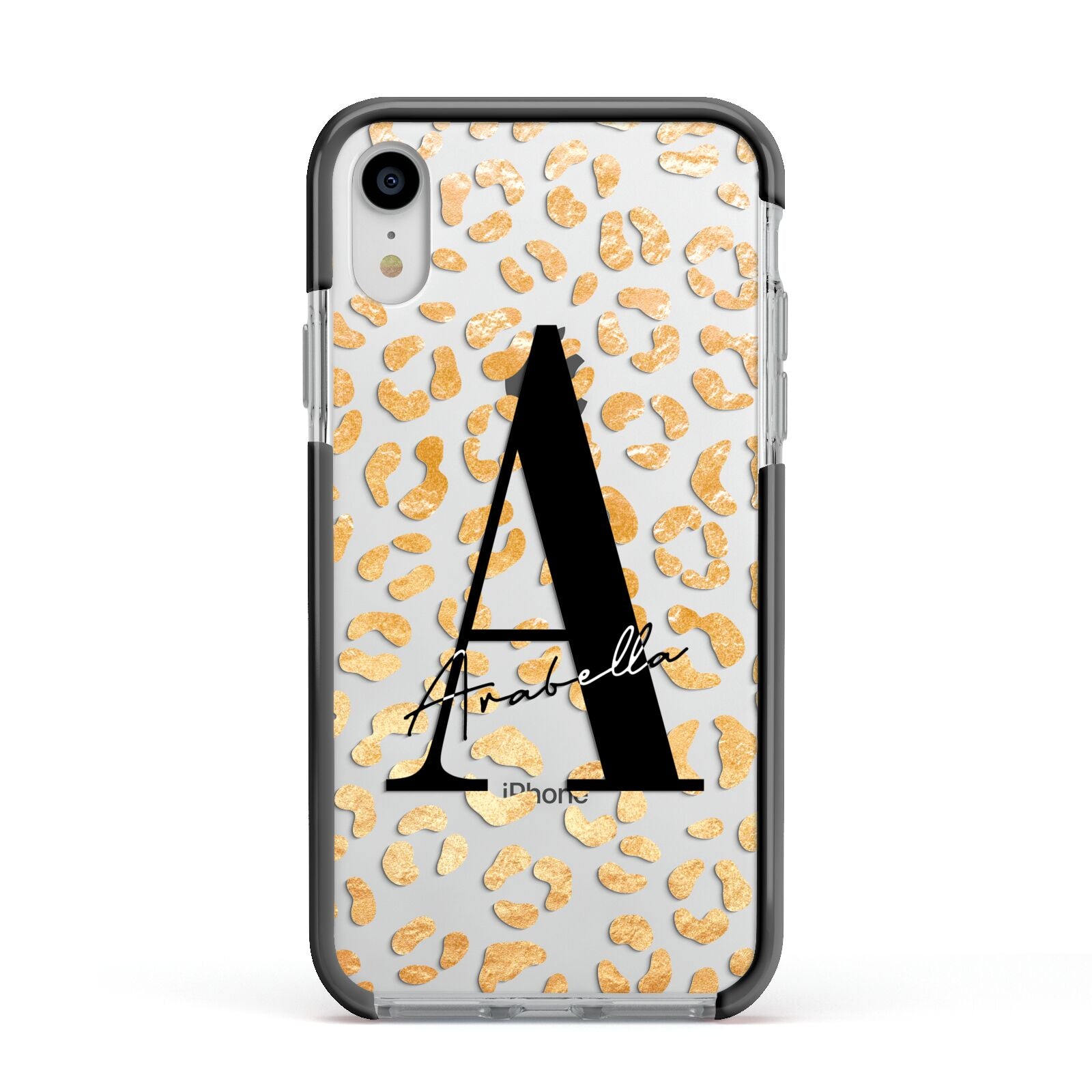 Personalised Leopard Print Gold Apple iPhone XR Impact Case Black Edge on Silver Phone