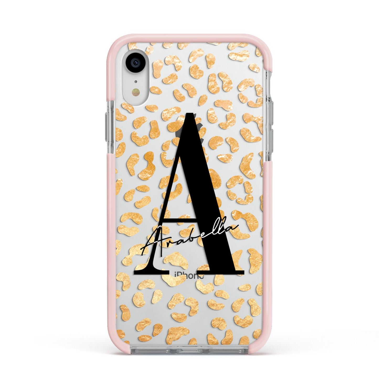 Personalised Leopard Print Gold Apple iPhone XR Impact Case Pink Edge on Silver Phone