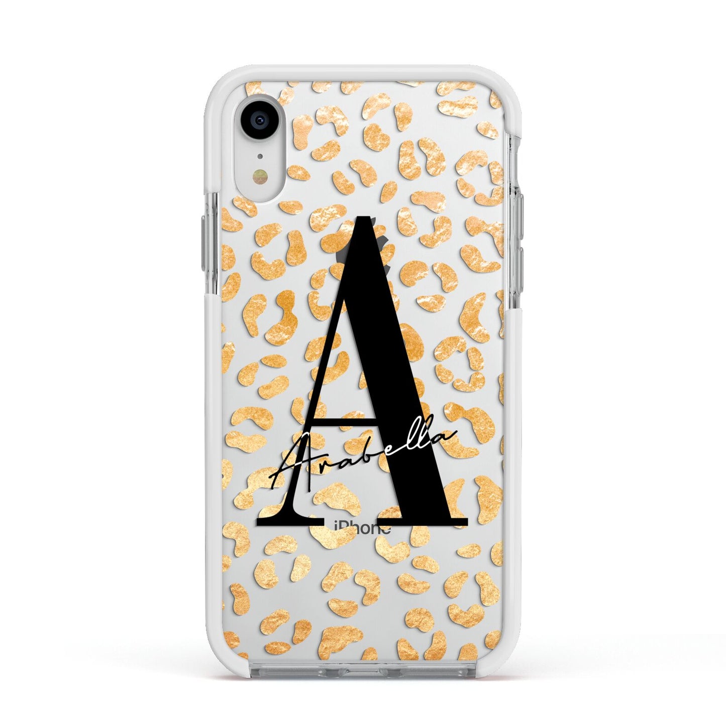 Personalised Leopard Print Gold Apple iPhone XR Impact Case White Edge on Silver Phone
