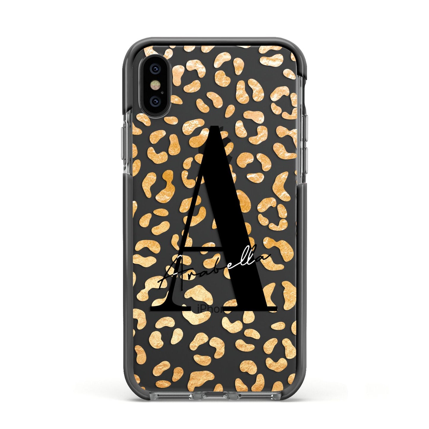 Personalised Leopard Print Gold Apple iPhone Xs Impact Case Black Edge on Black Phone