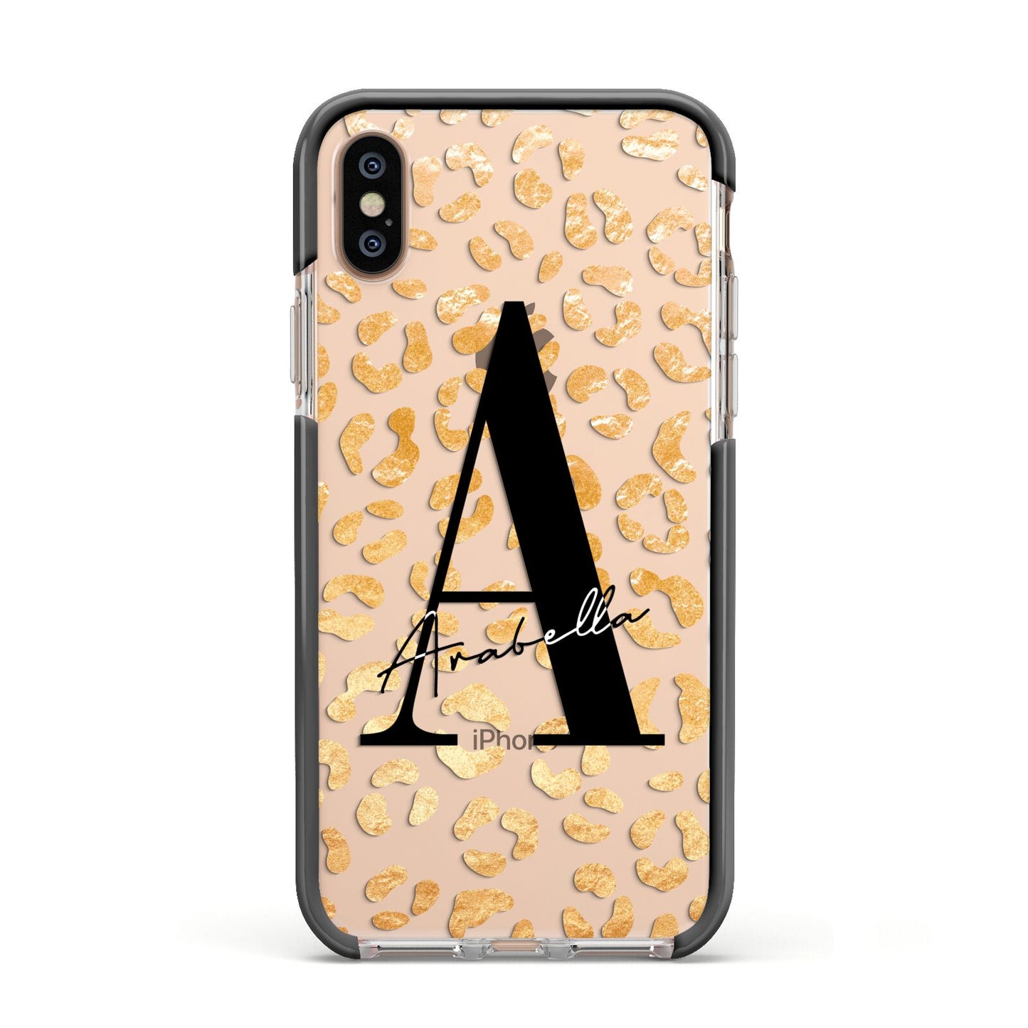 Personalised Leopard Print Gold Apple iPhone Xs Impact Case Black Edge on Gold Phone