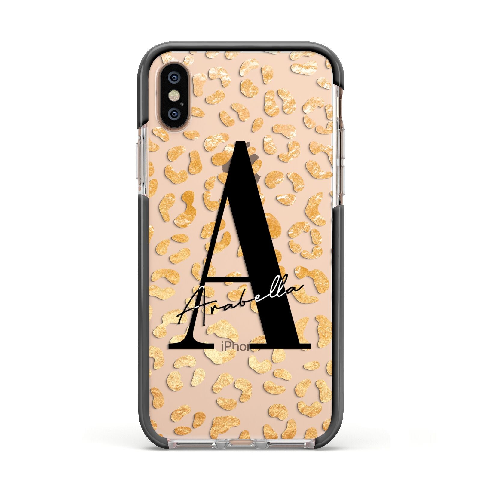 Personalised Leopard Print Gold Apple iPhone Xs Impact Case Black Edge on Gold Phone