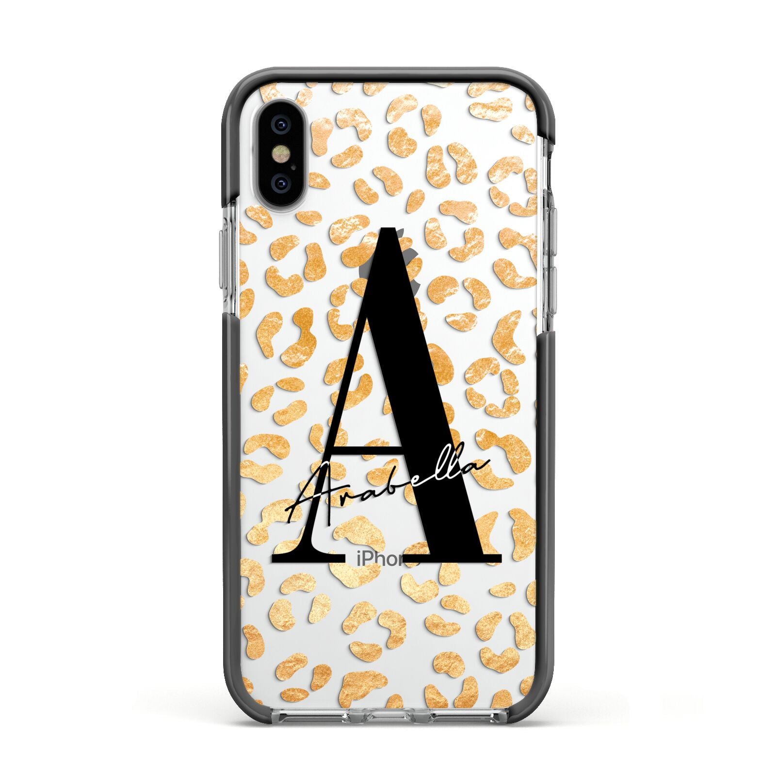 Personalised Leopard Print Gold Apple iPhone Xs Impact Case Black Edge on Silver Phone