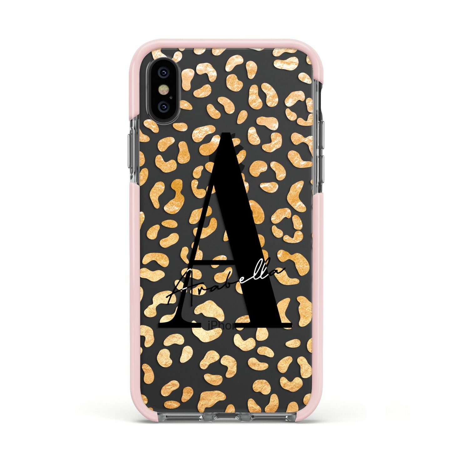 Personalised Leopard Print Gold Apple iPhone Xs Impact Case Pink Edge on Black Phone