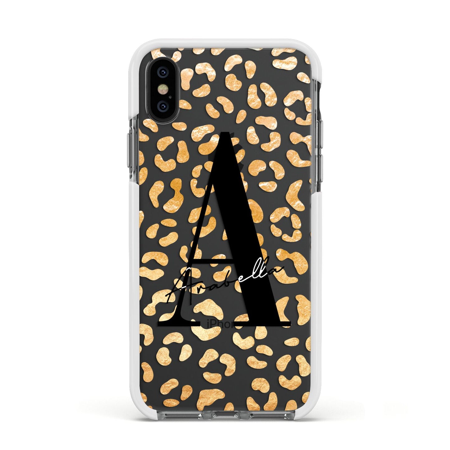 Personalised Leopard Print Gold Apple iPhone Xs Impact Case White Edge on Black Phone