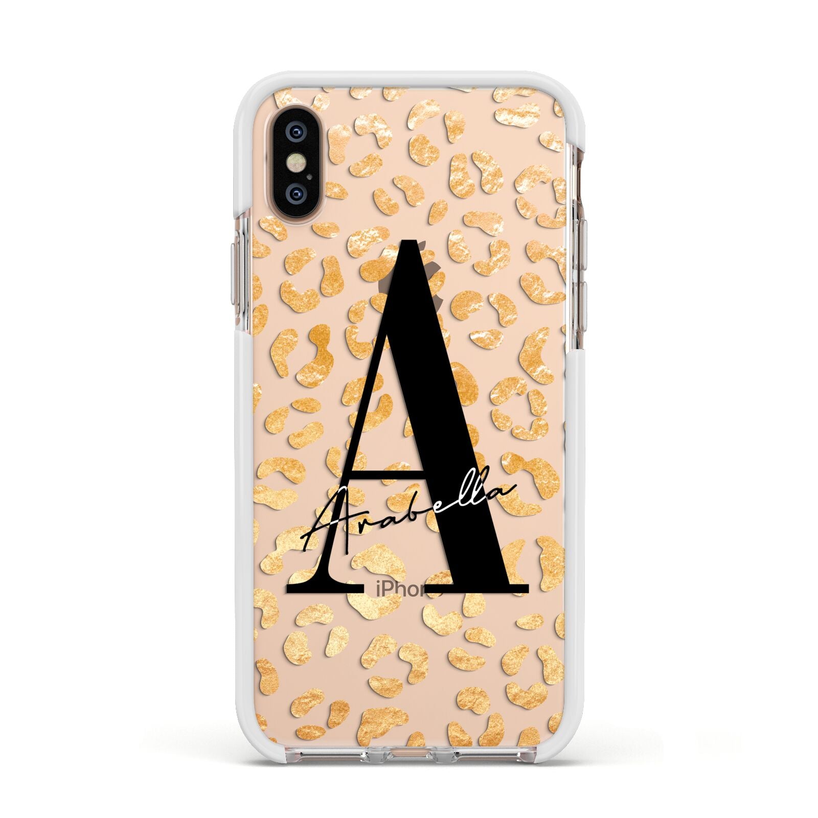 Personalised Leopard Print Gold Apple iPhone Xs Impact Case White Edge on Gold Phone