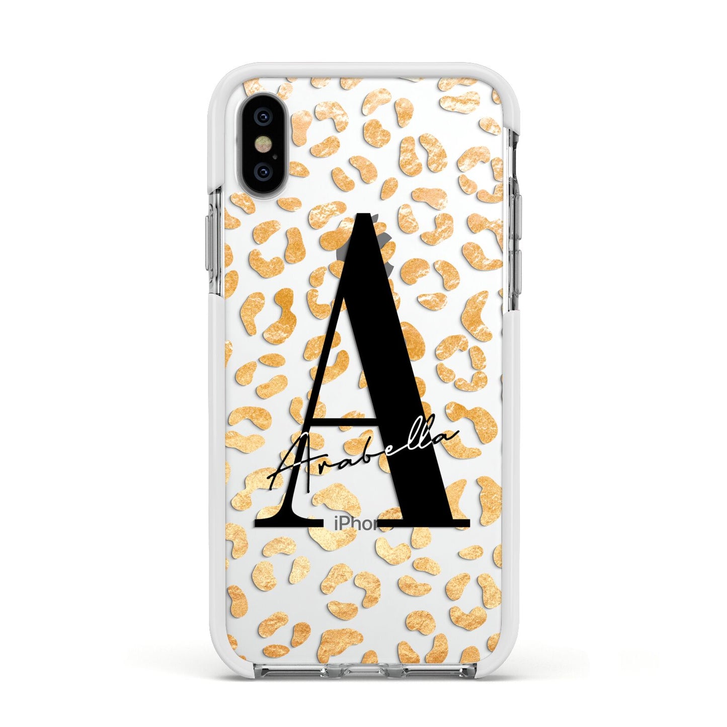Personalised Leopard Print Gold Apple iPhone Xs Impact Case White Edge on Silver Phone