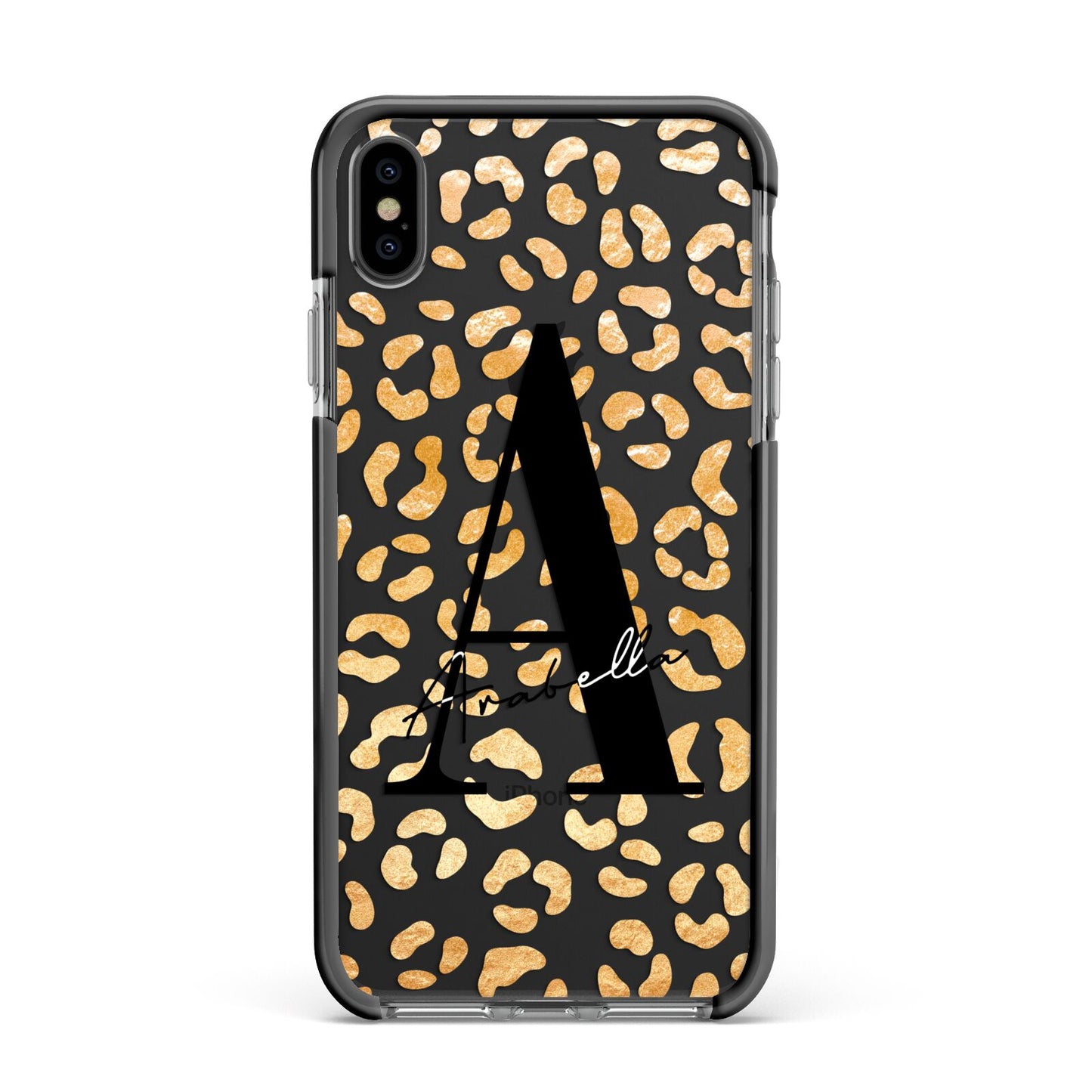 Personalised Leopard Print Gold Apple iPhone Xs Max Impact Case Black Edge on Black Phone