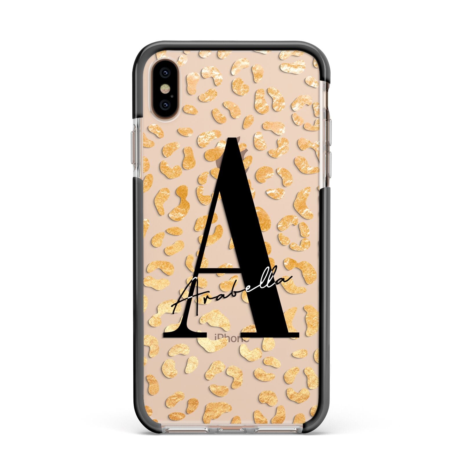 Personalised Leopard Print Gold Apple iPhone Xs Max Impact Case Black Edge on Gold Phone