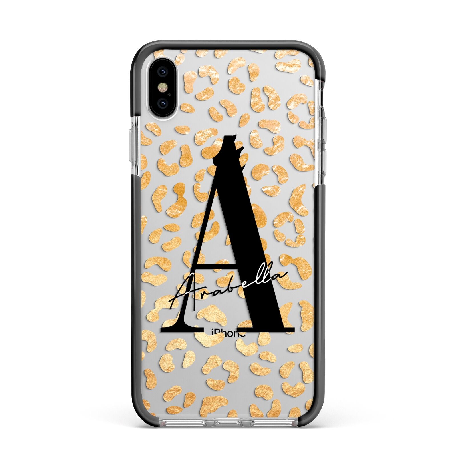Personalised Leopard Print Gold Apple iPhone Xs Max Impact Case Black Edge on Silver Phone