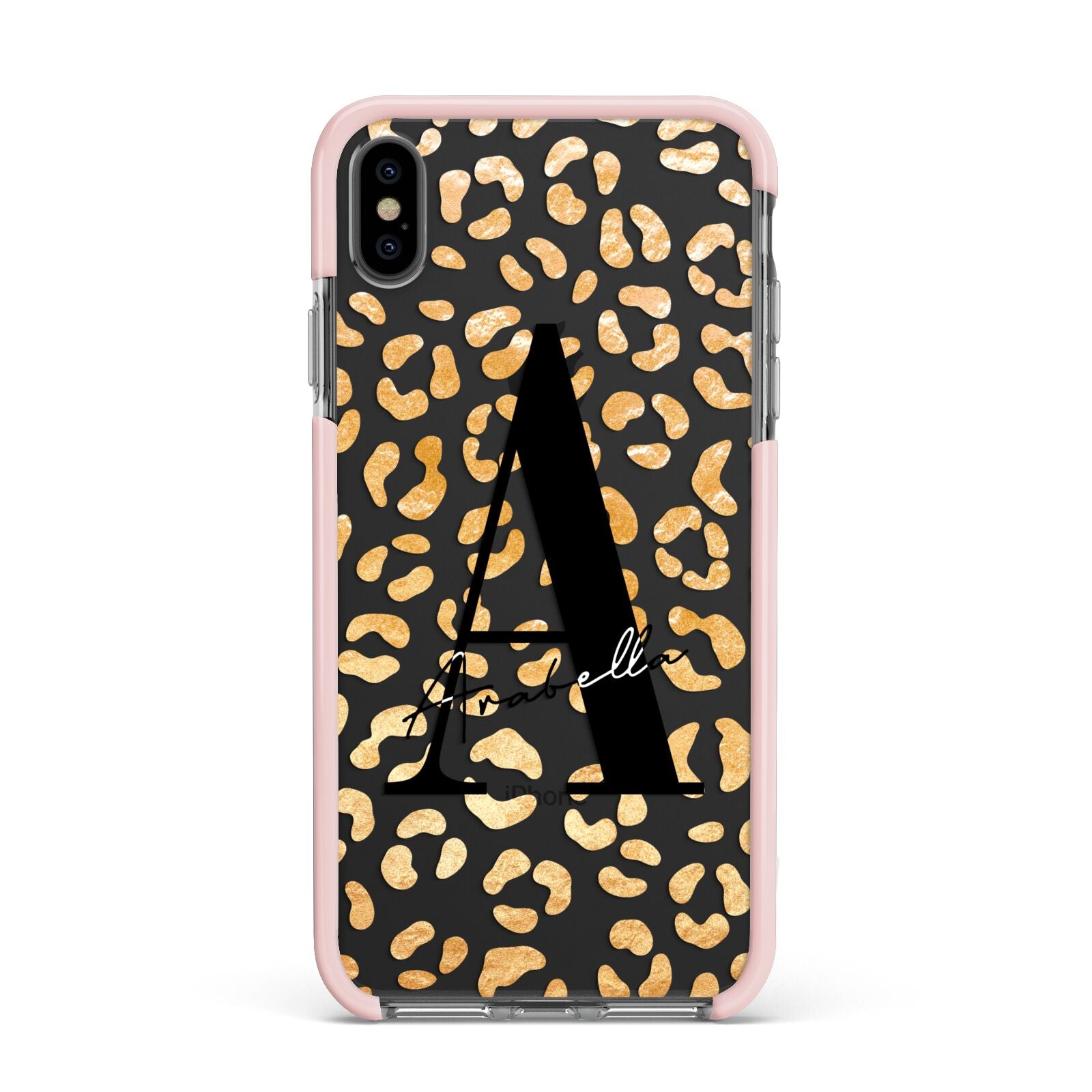 Personalised Leopard Print Gold Apple iPhone Xs Max Impact Case Pink Edge on Black Phone