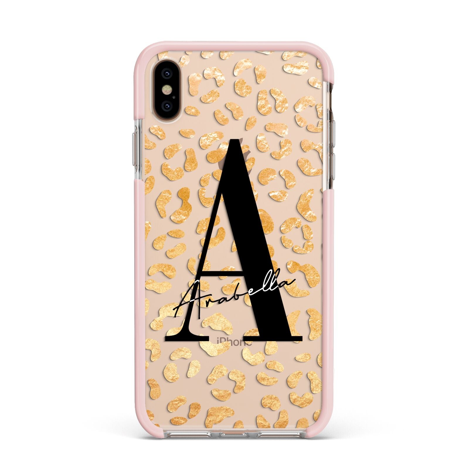 Personalised Leopard Print Gold Apple iPhone Xs Max Impact Case Pink Edge on Gold Phone