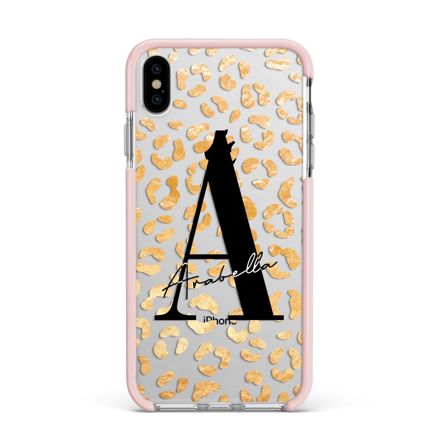 Personalised Leopard Print Gold Apple iPhone Xs Max Impact Case Pink Edge on Silver Phone