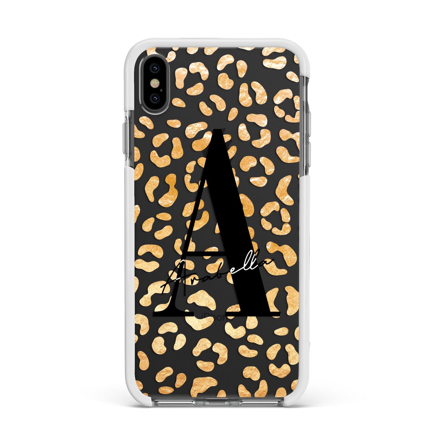 Personalised Leopard Print Gold Apple iPhone Xs Max Impact Case White Edge on Black Phone