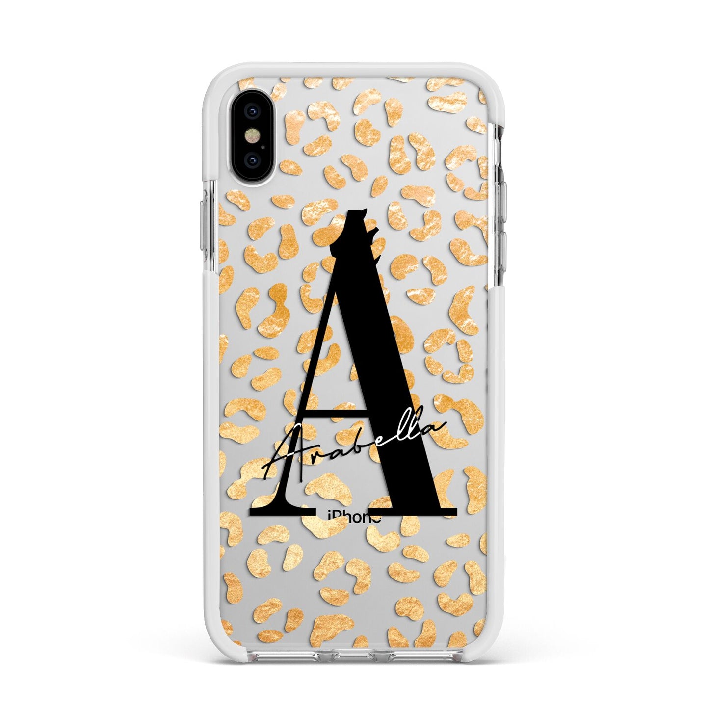 Personalised Leopard Print Gold Apple iPhone Xs Max Impact Case White Edge on Silver Phone