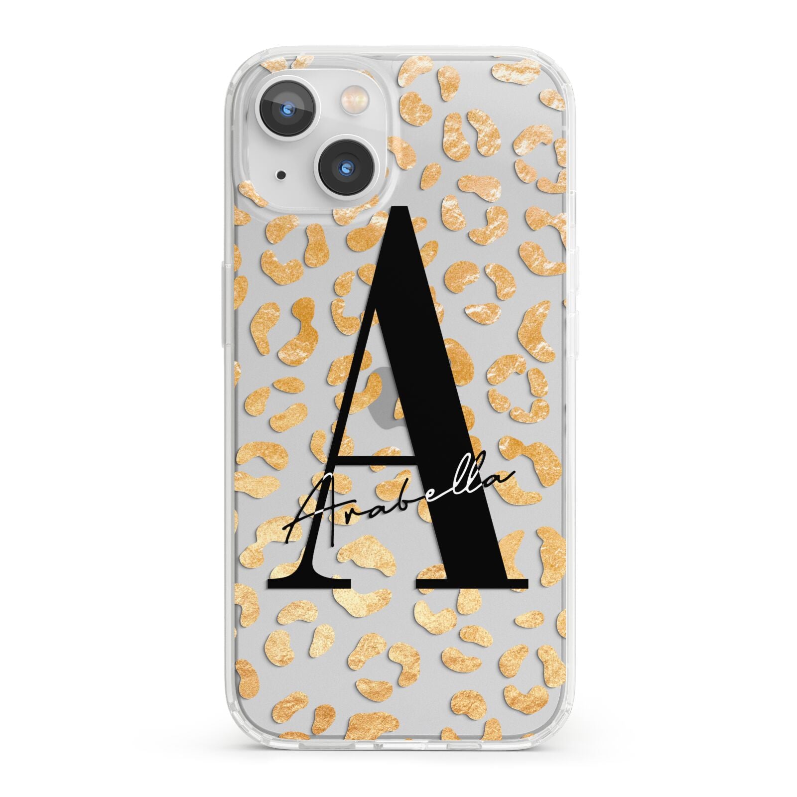 Personalised Leopard Print Gold iPhone 13 Clear Bumper Case