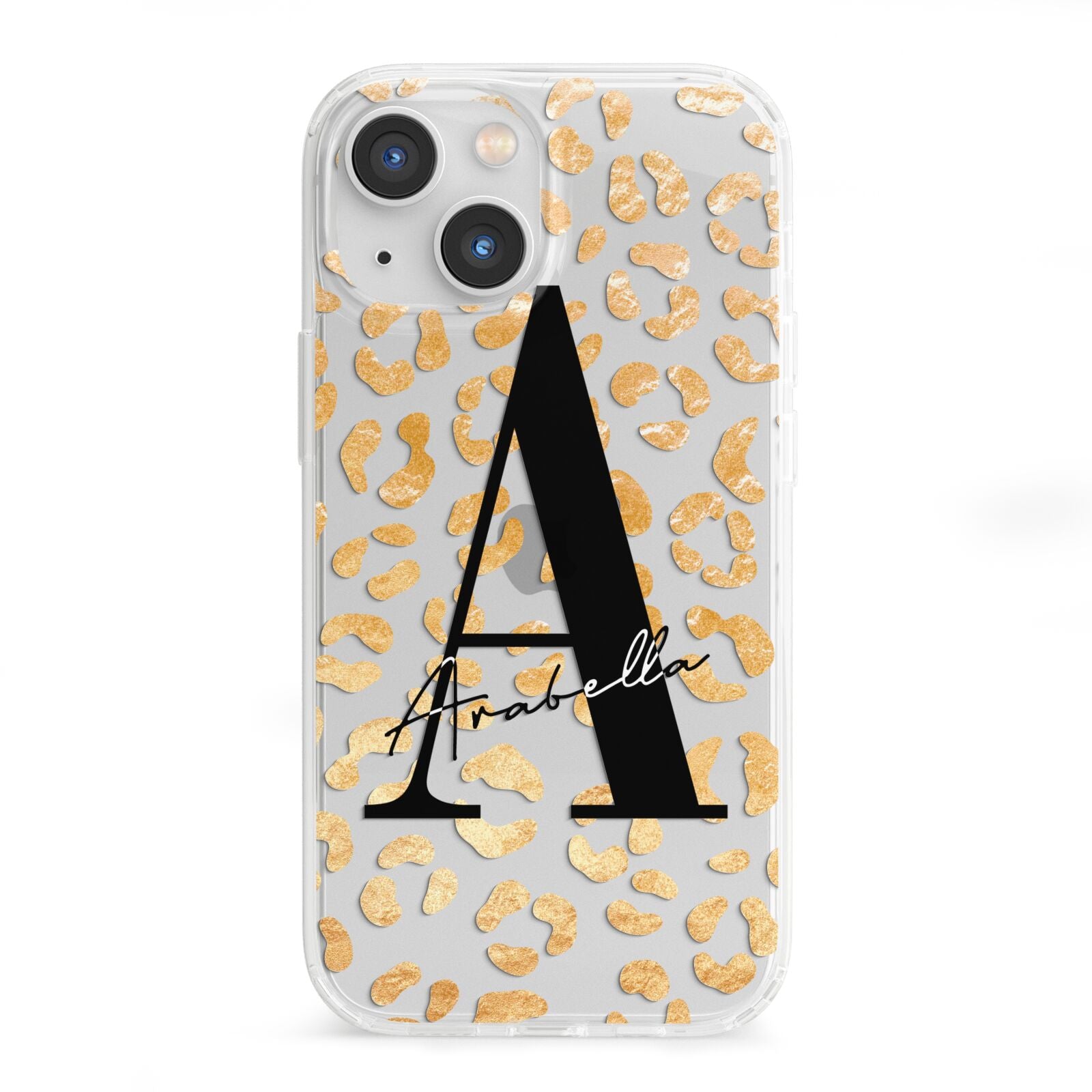 Personalised Leopard Print Gold iPhone 13 Mini Clear Bumper Case