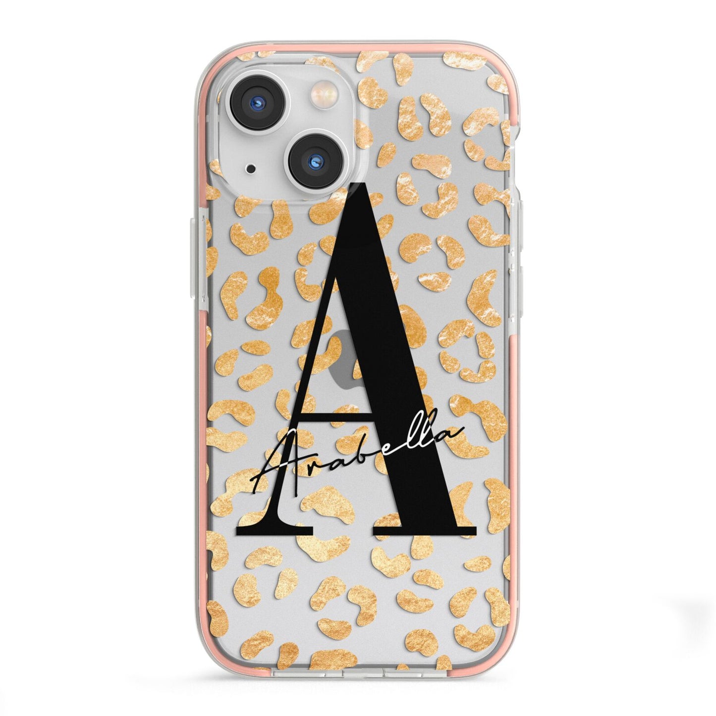 Personalised Leopard Print Gold iPhone 13 Mini TPU Impact Case with Pink Edges