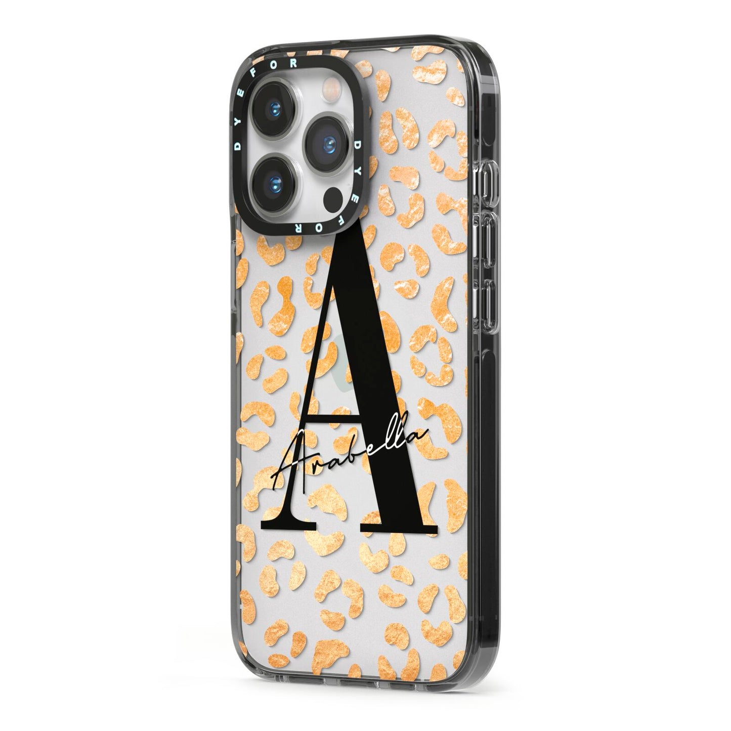 Personalised Leopard Print Gold iPhone 13 Pro Black Impact Case Side Angle on Silver phone