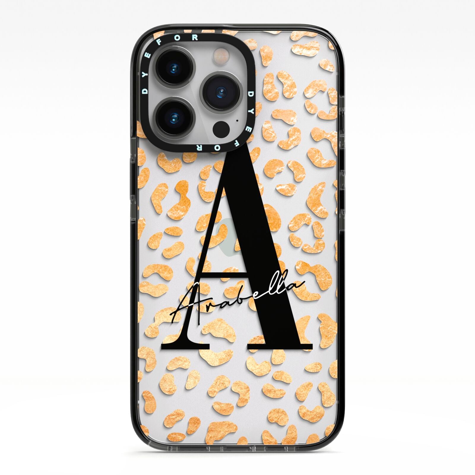 Personalised Leopard Print Gold iPhone 13 Pro Black Impact Case on Silver phone