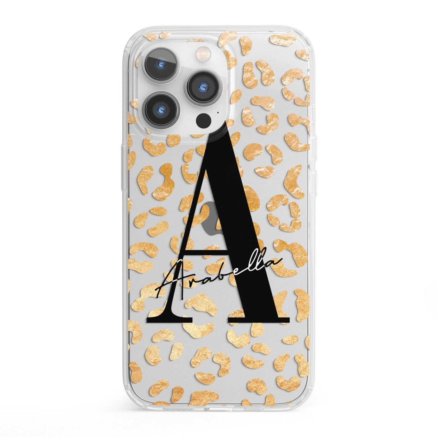 Personalised Leopard Print Gold iPhone 13 Pro Clear Bumper Case