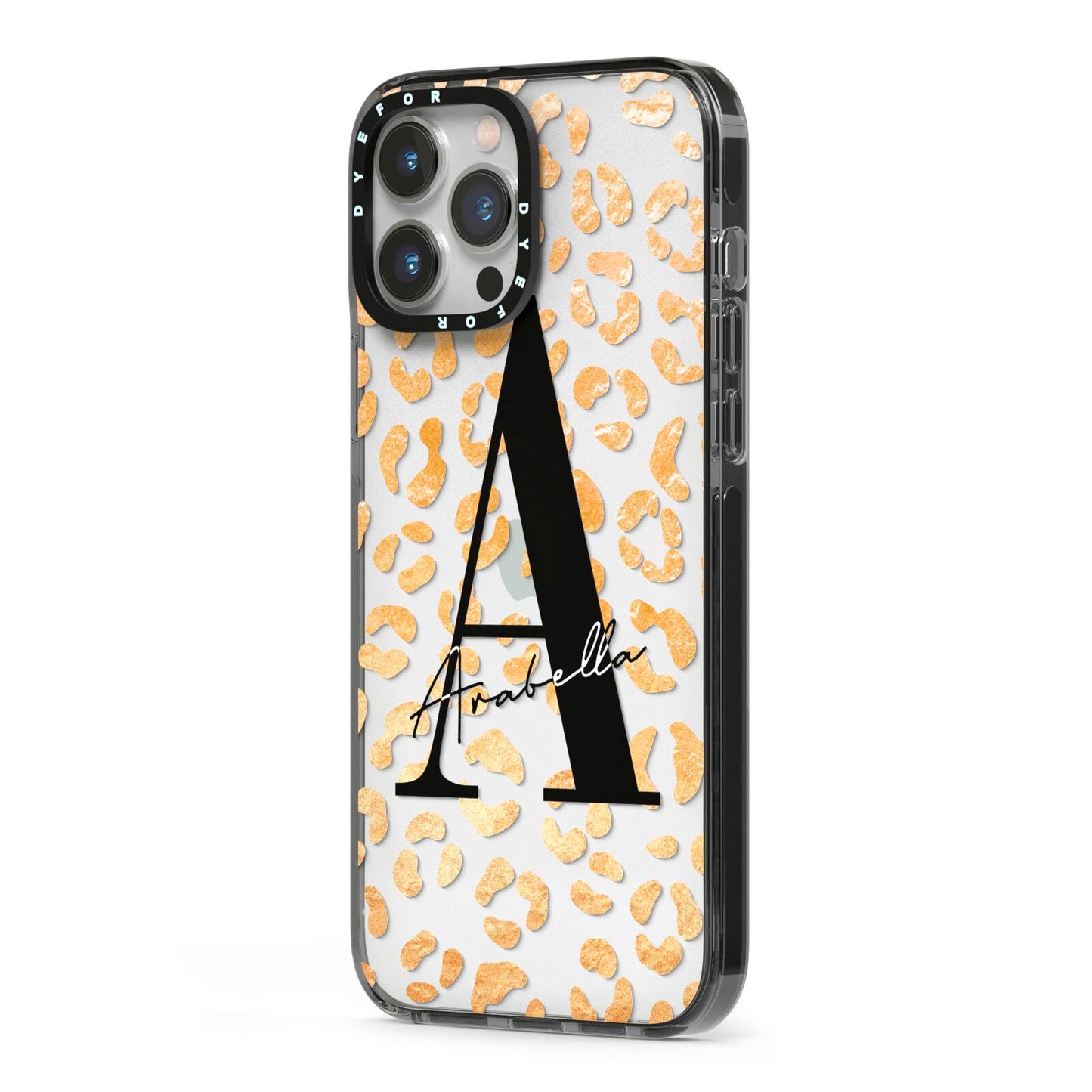 Personalised Leopard Print Gold iPhone 13 Pro Max Black Impact Case Side Angle on Silver phone