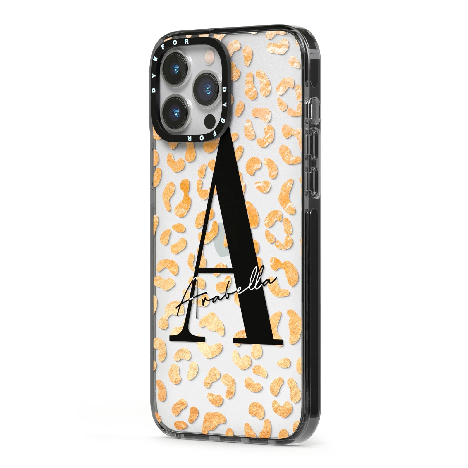 Personalised Leopard Print Gold iPhone 13 Pro Max Black Impact Case Side Angle on Silver phone