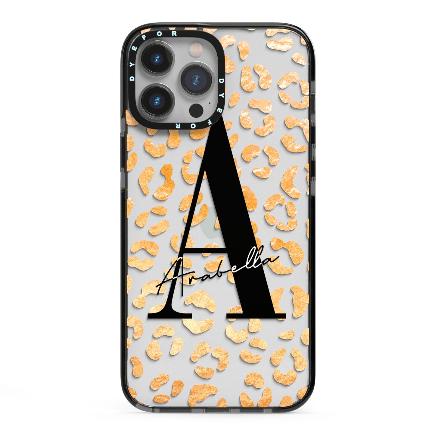 Personalised Leopard Print Gold iPhone 13 Pro Max Black Impact Case on Silver phone