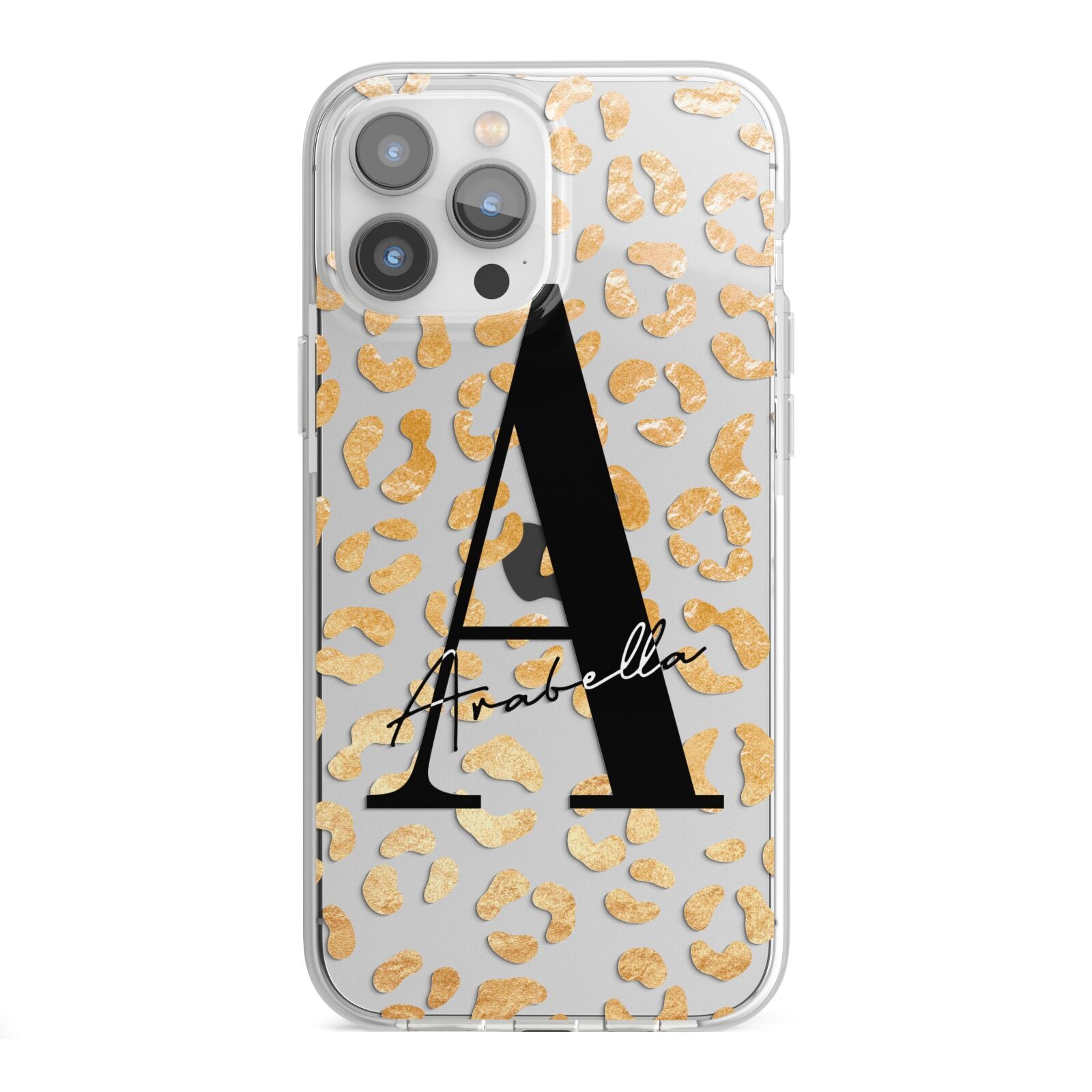 Personalised Leopard Print Gold iPhone 13 Pro Max TPU Impact Case with White Edges