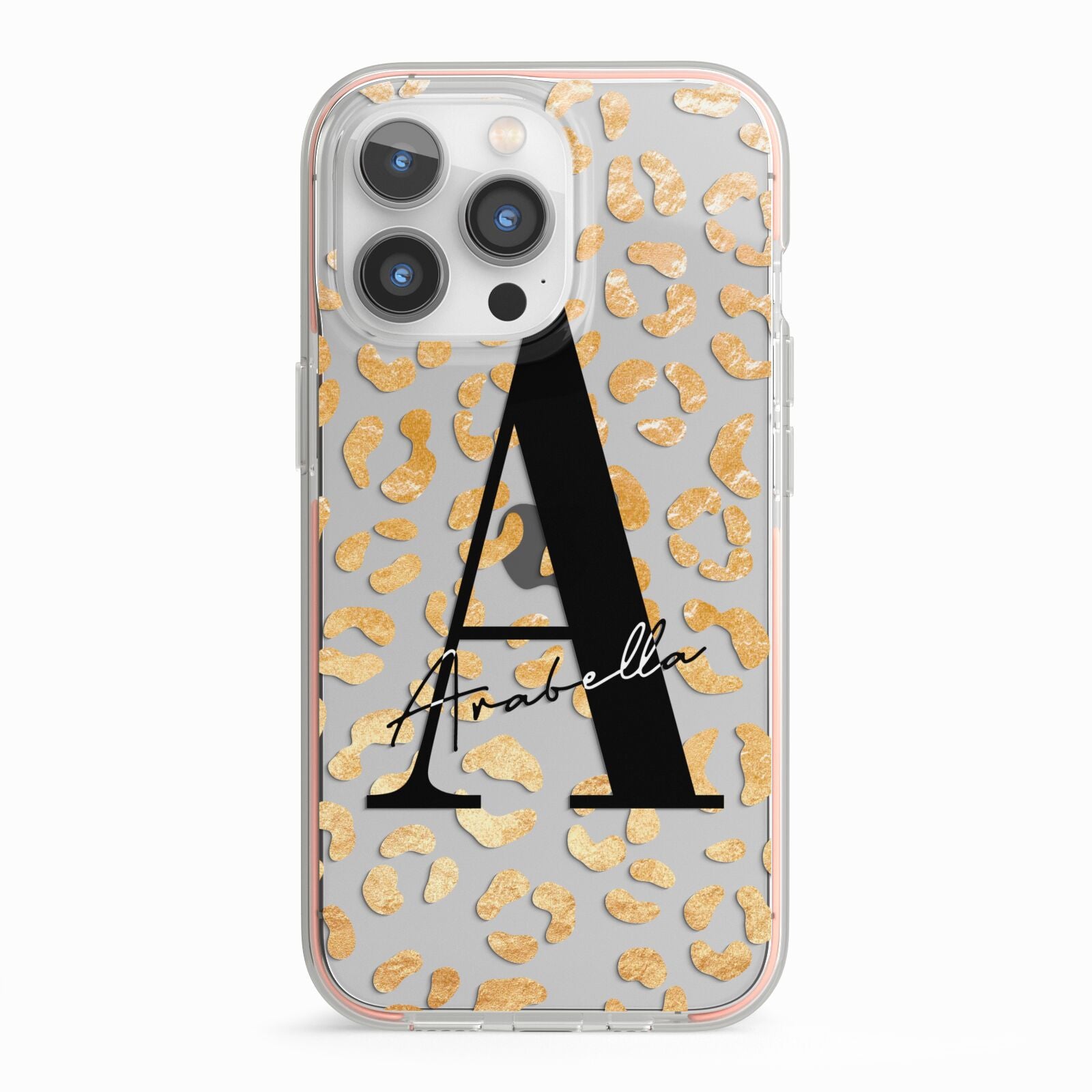 Personalised Leopard Print Gold iPhone 13 Pro TPU Impact Case with Pink Edges