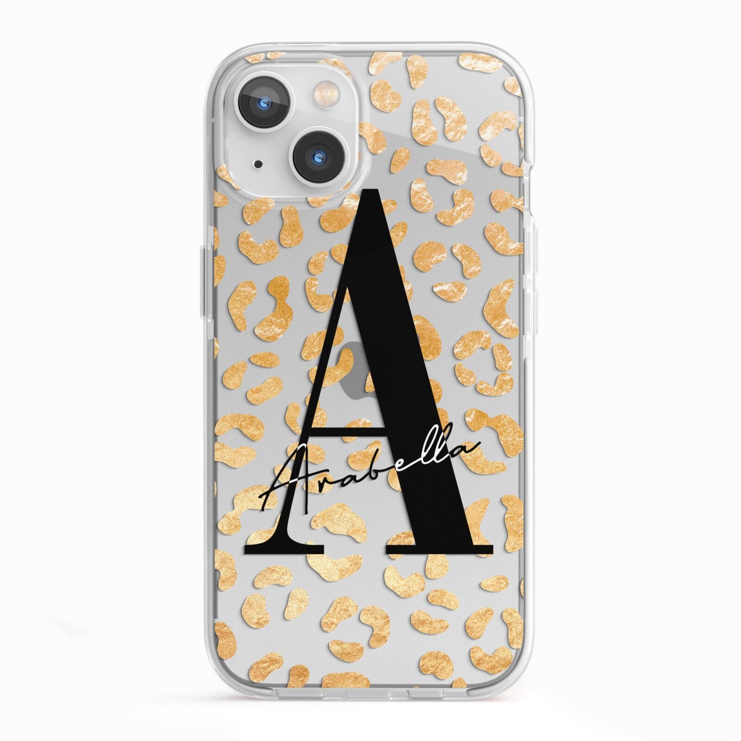 Personalised Leopard Print Gold iPhone 13 TPU Impact Case with White Edges