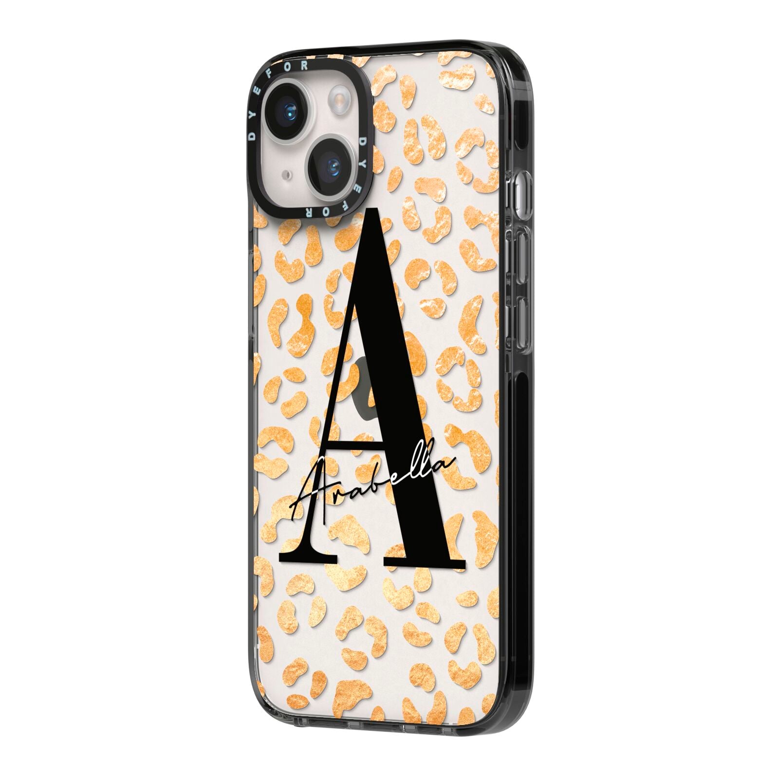 Personalised Leopard Print Gold iPhone 14 Black Impact Case Side Angle on Silver phone