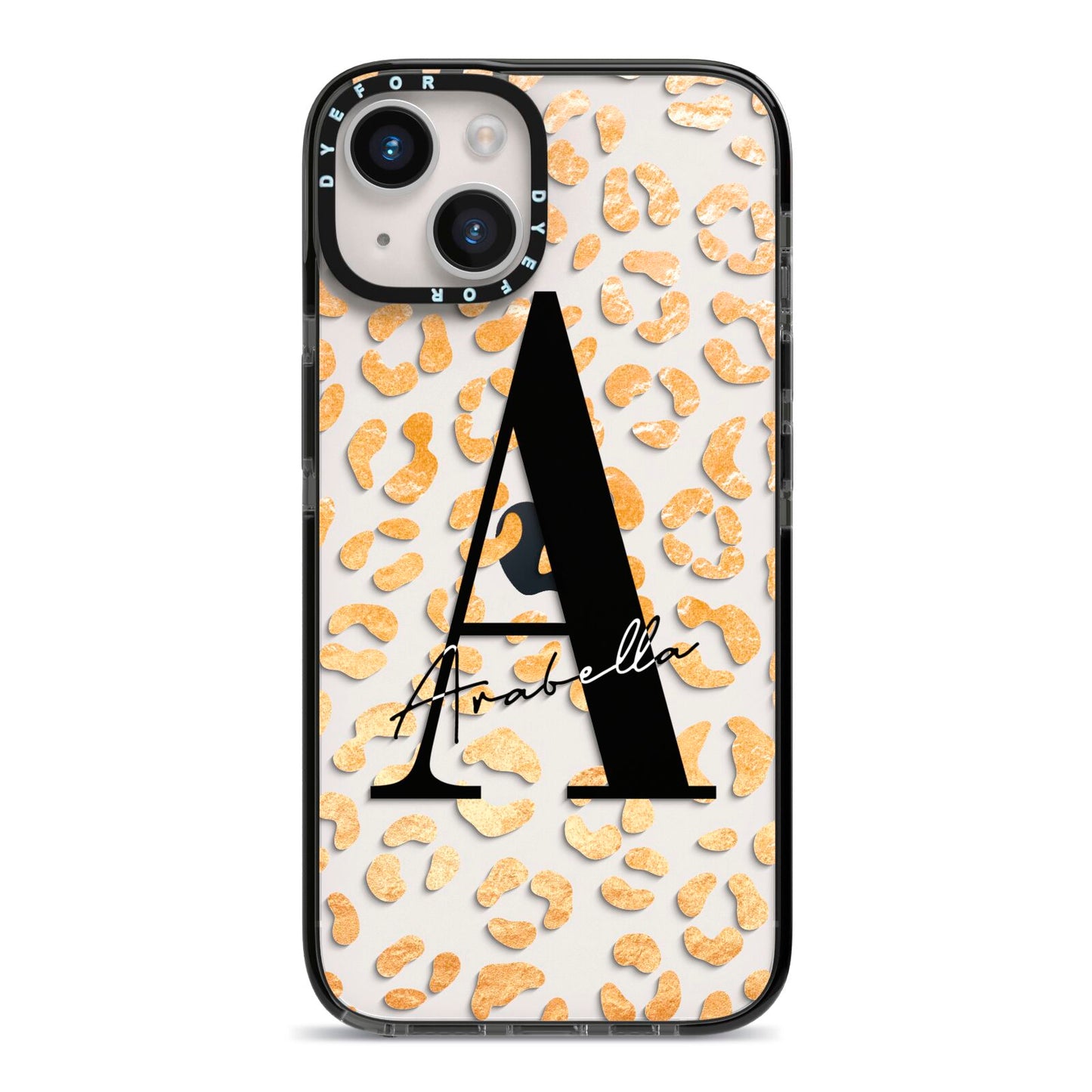 Personalised Leopard Print Gold iPhone 14 Black Impact Case on Silver phone