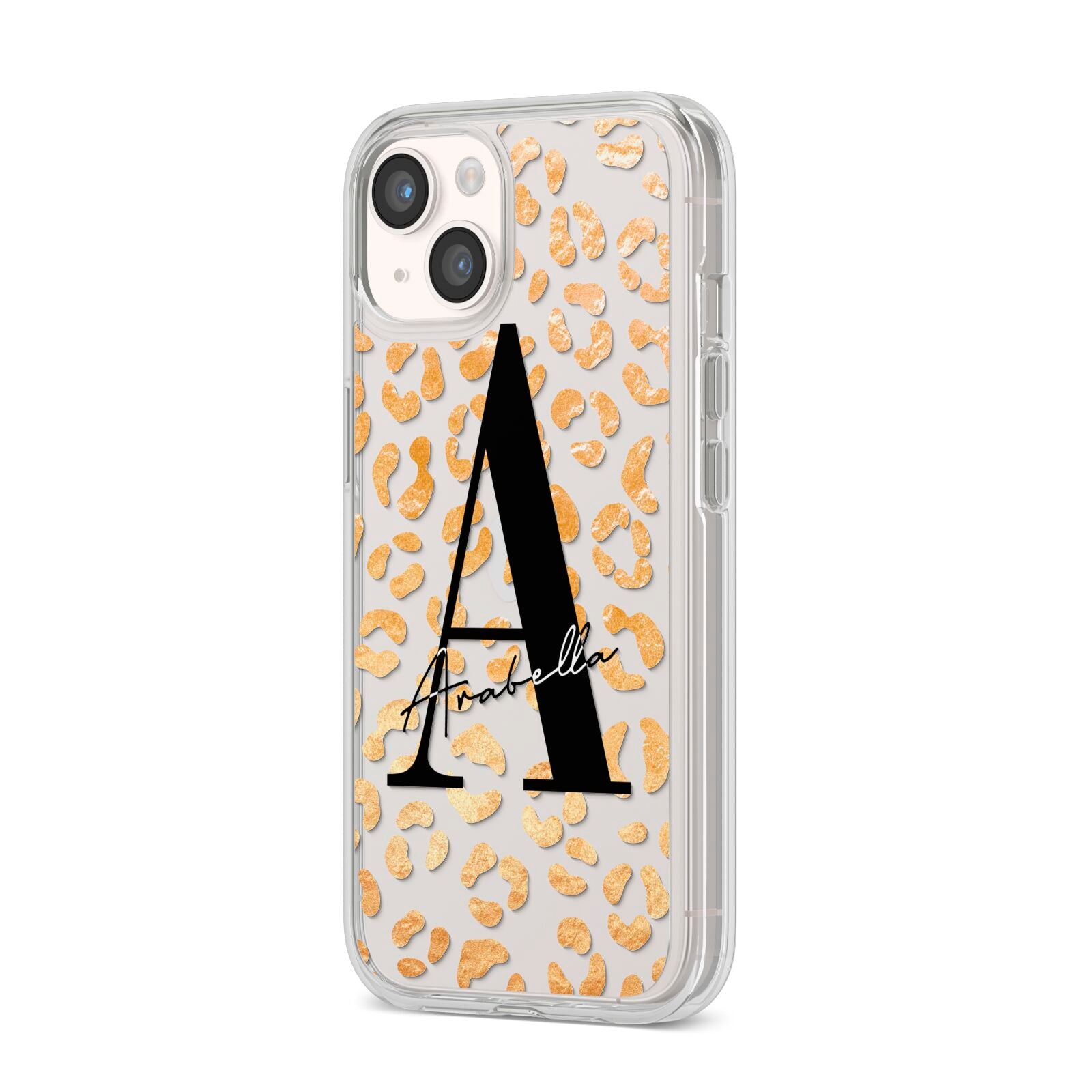 Personalised Leopard Print Gold iPhone 14 Clear Tough Case Starlight Angled Image