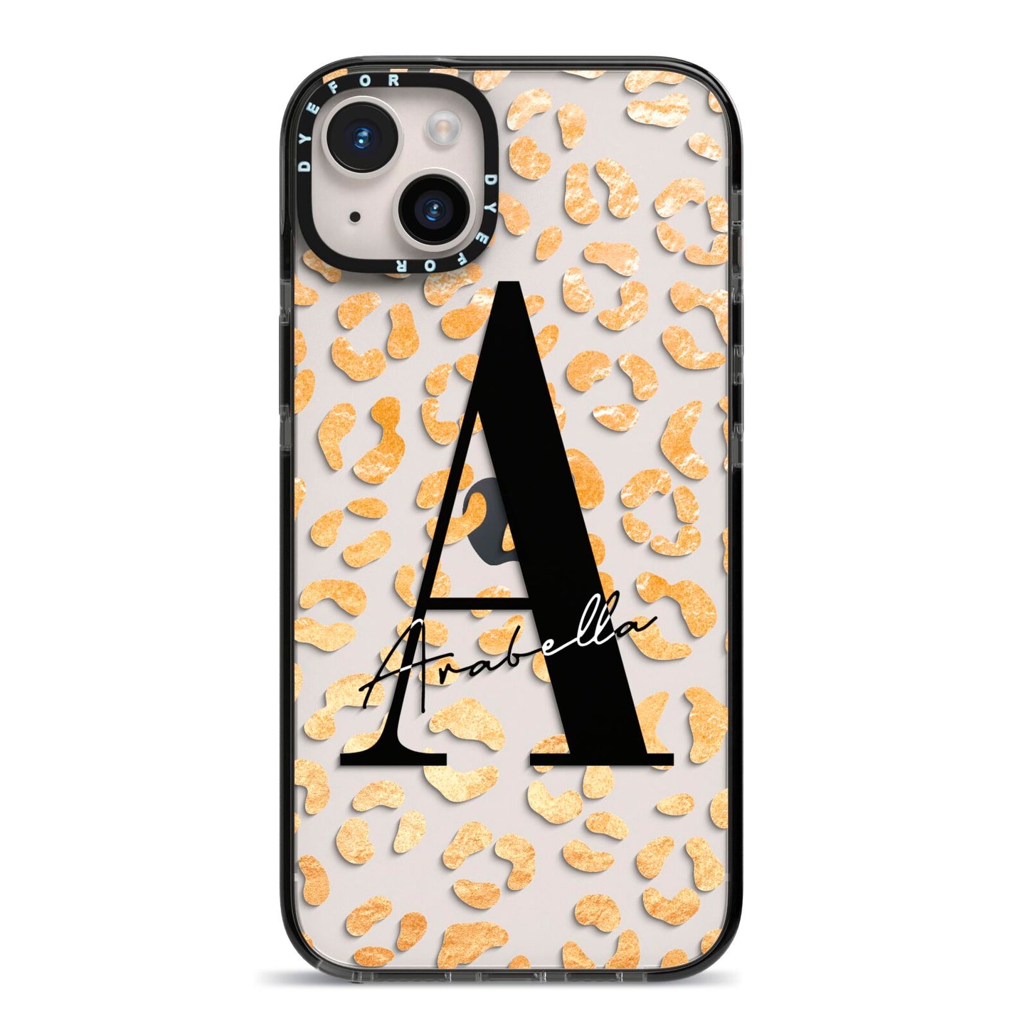 Personalised Leopard Print Gold iPhone 14 Plus Black Impact Case on Silver phone