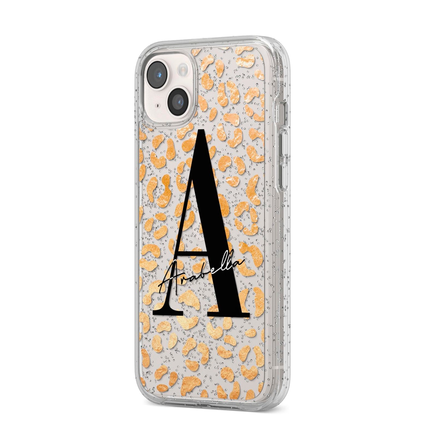 Personalised Leopard Print Gold iPhone 14 Plus Glitter Tough Case Starlight Angled Image
