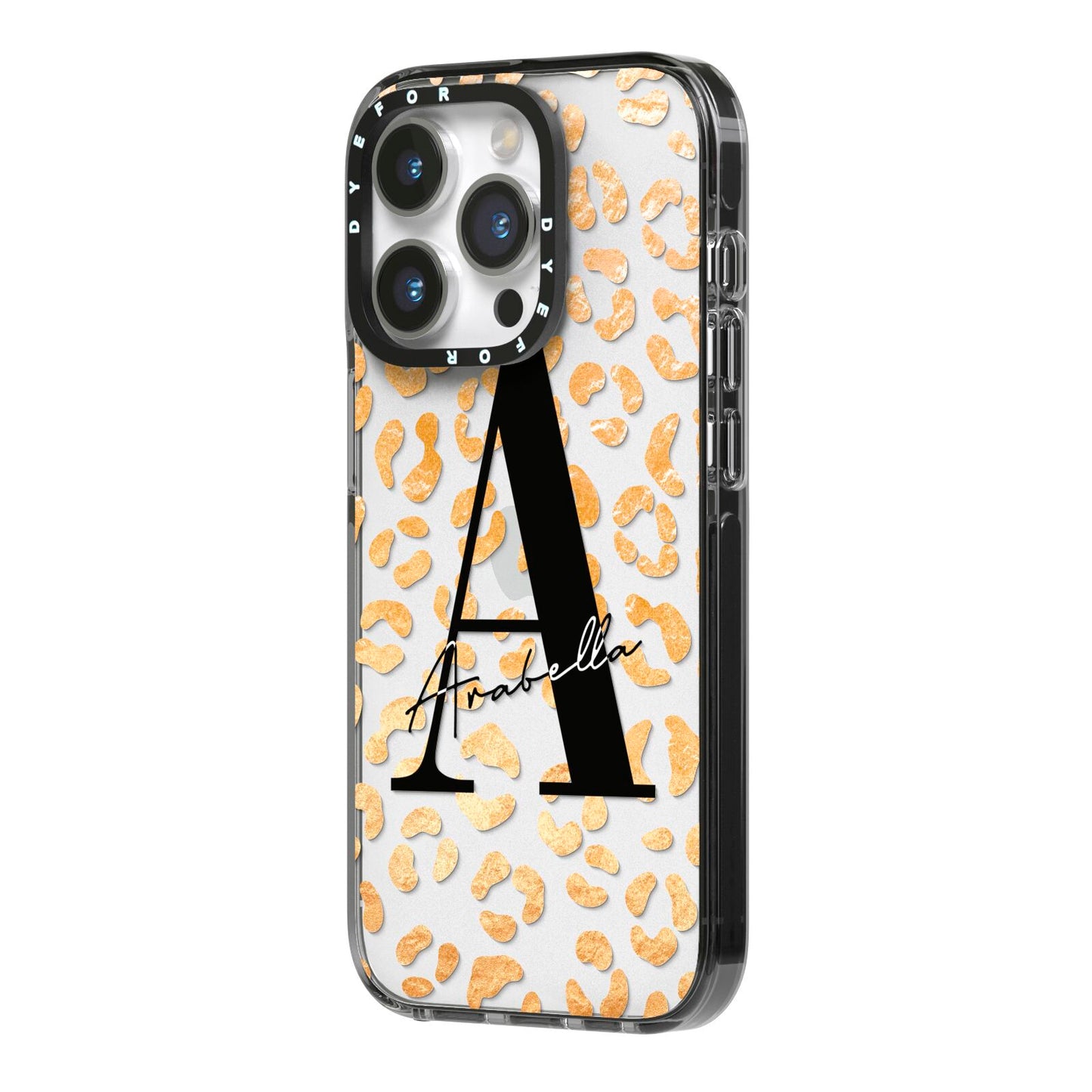 Personalised Leopard Print Gold iPhone 14 Pro Black Impact Case Side Angle on Silver phone
