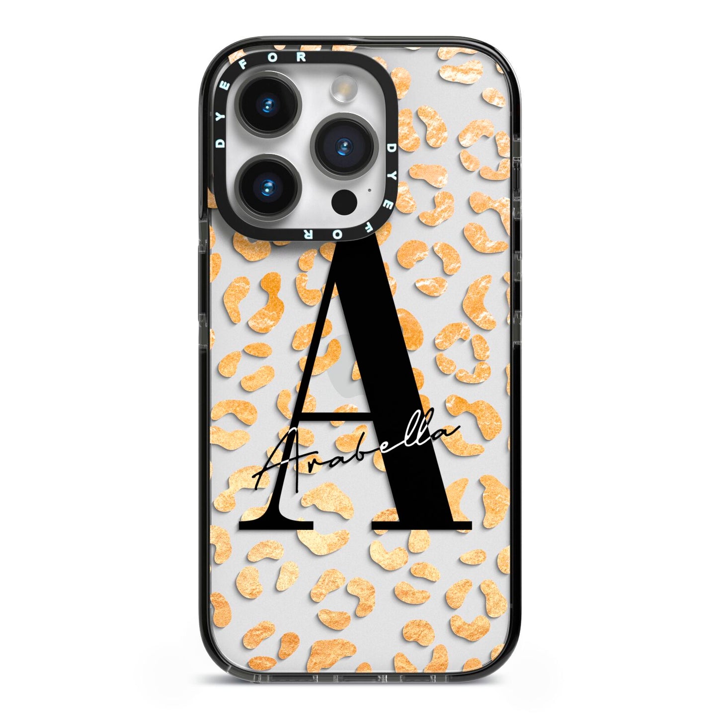 Personalised Leopard Print Gold iPhone 14 Pro Black Impact Case on Silver phone
