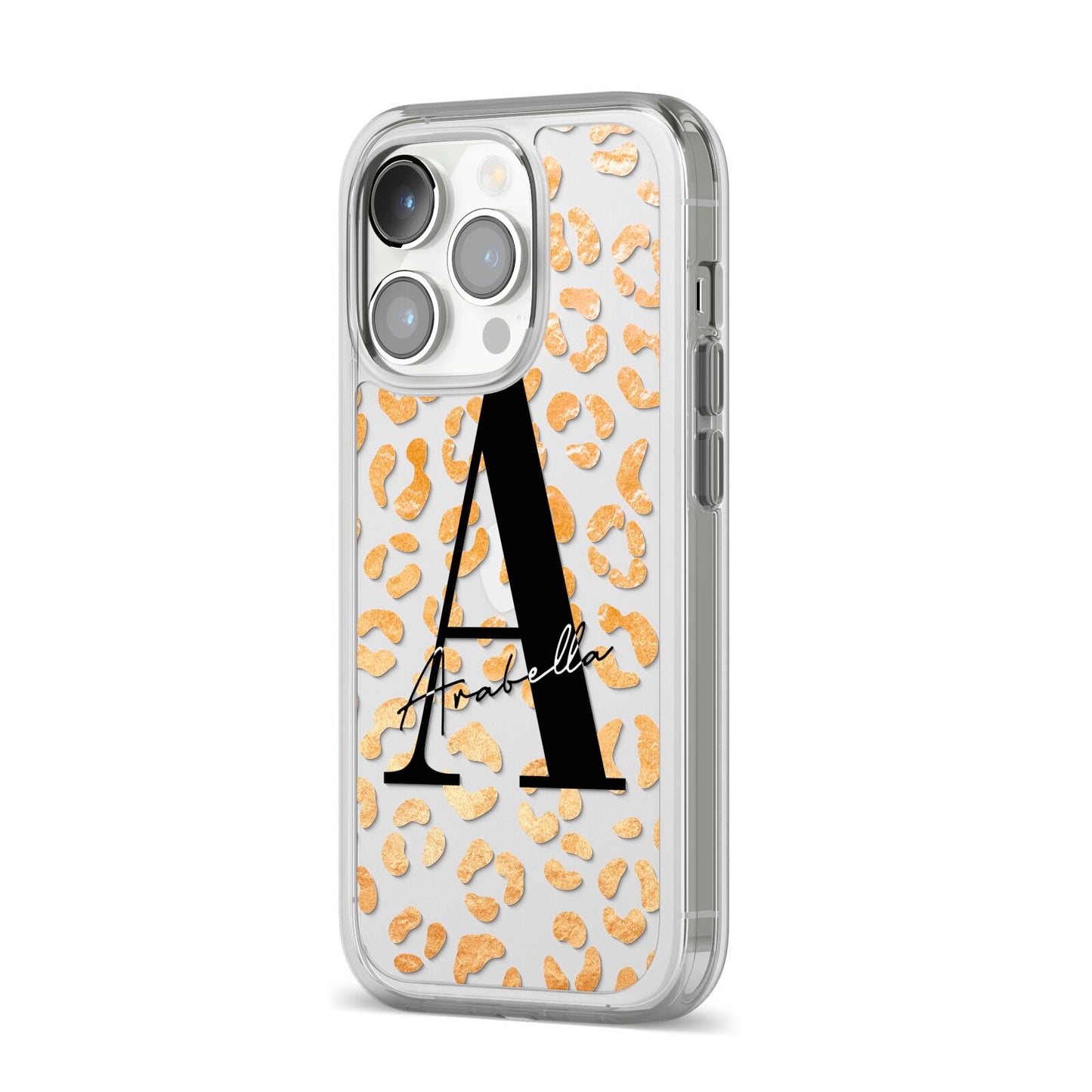 Personalised Leopard Print Gold iPhone 14 Pro Clear Tough Case Silver Angled Image