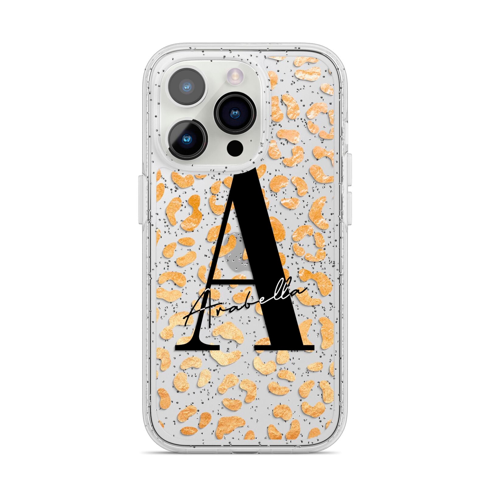 Personalised Leopard Print Gold iPhone 14 Pro Glitter Tough Case Silver