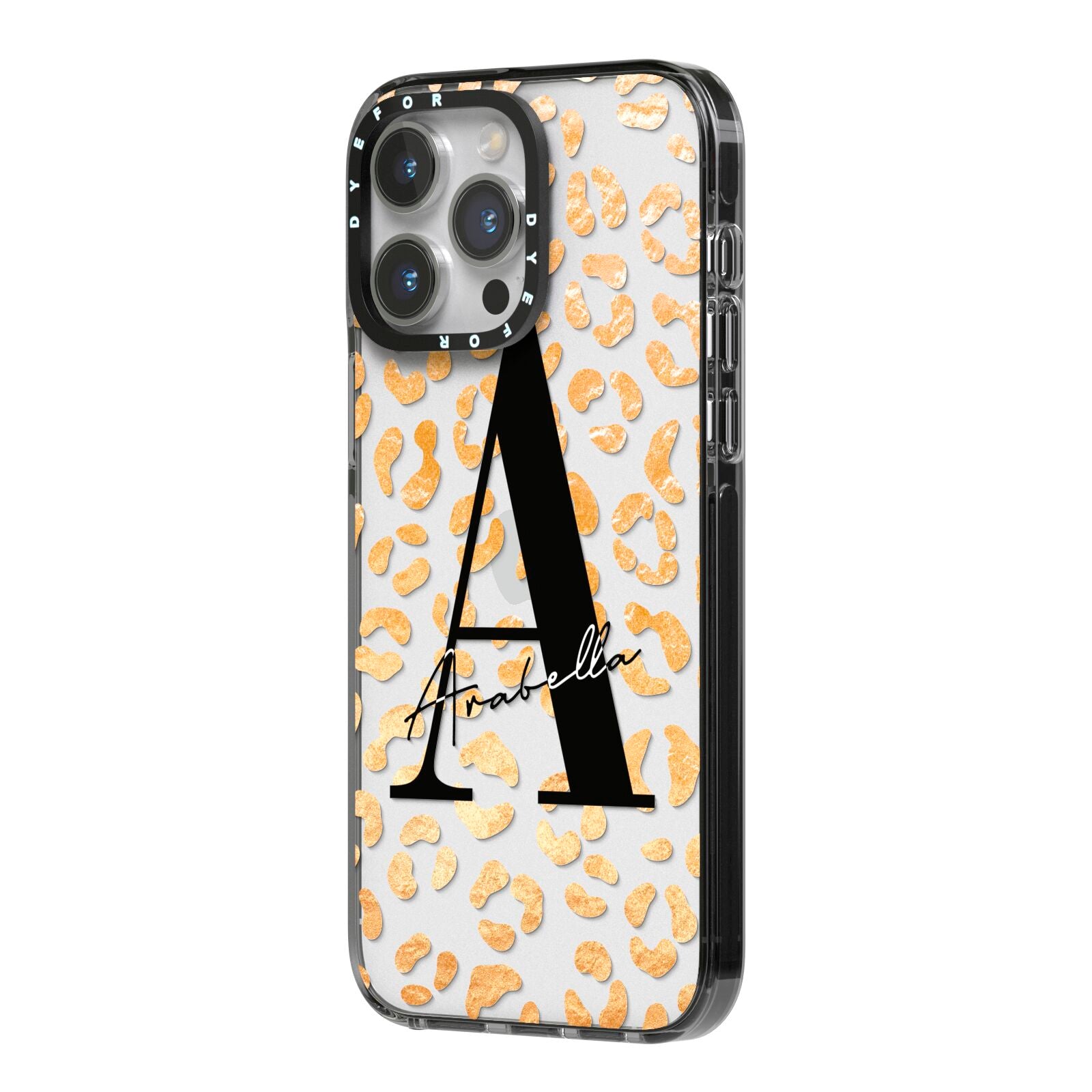 Personalised Leopard Print Gold iPhone 14 Pro Max Black Impact Case Side Angle on Silver phone