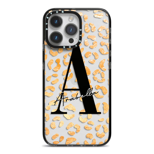 Personalised Leopard Print Gold iPhone 14 Pro Max Black Impact Case on Silver phone
