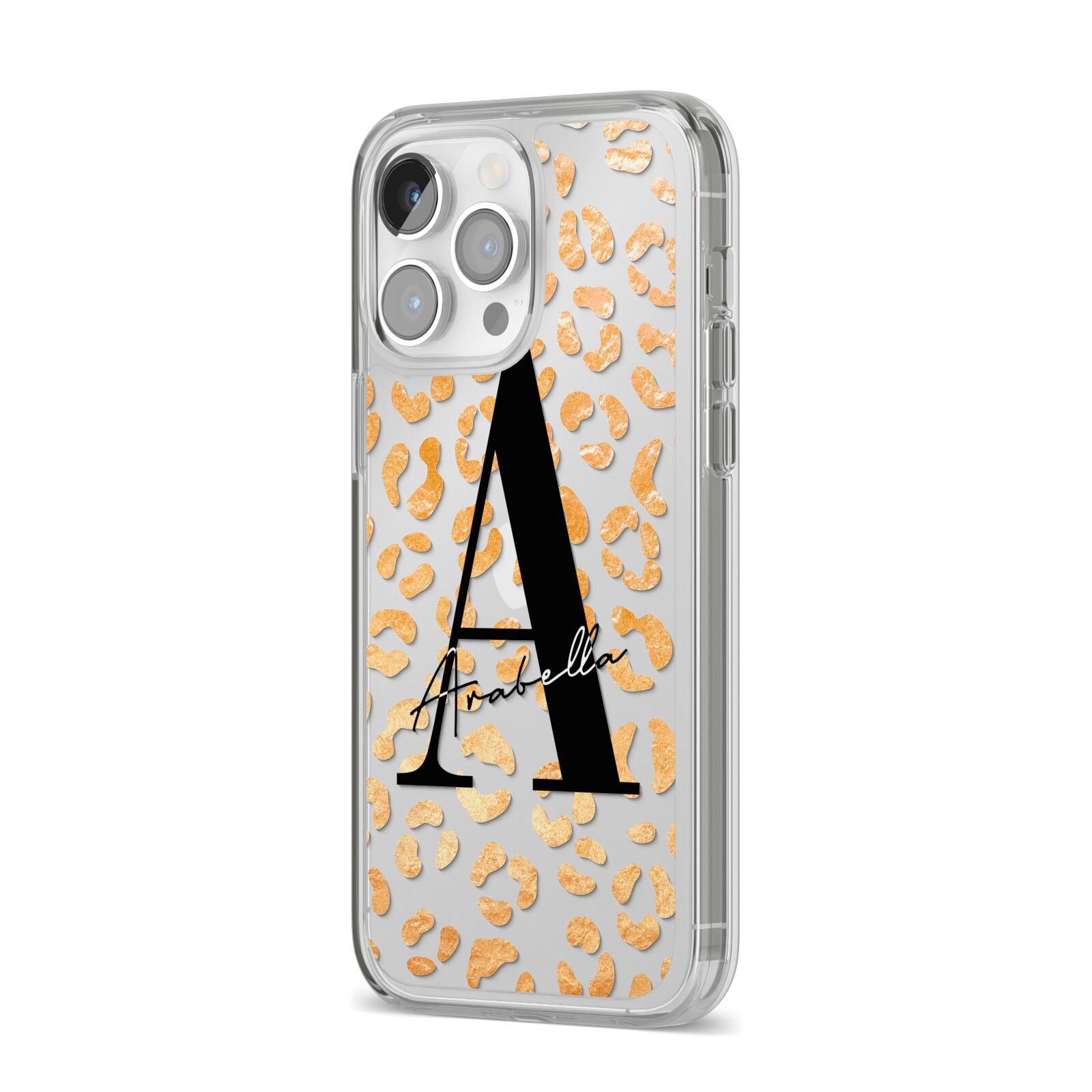Personalised Leopard Print Gold iPhone 14 Pro Max Clear Tough Case Silver Angled Image