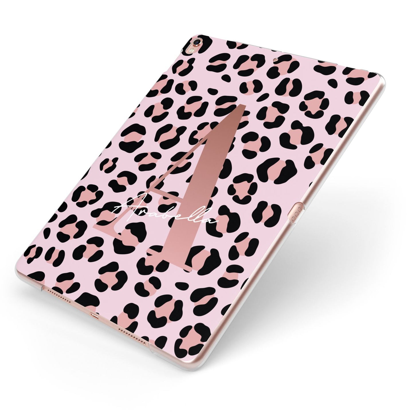 Personalised Leopard Print Initial Apple iPad Case on Rose Gold iPad Side View