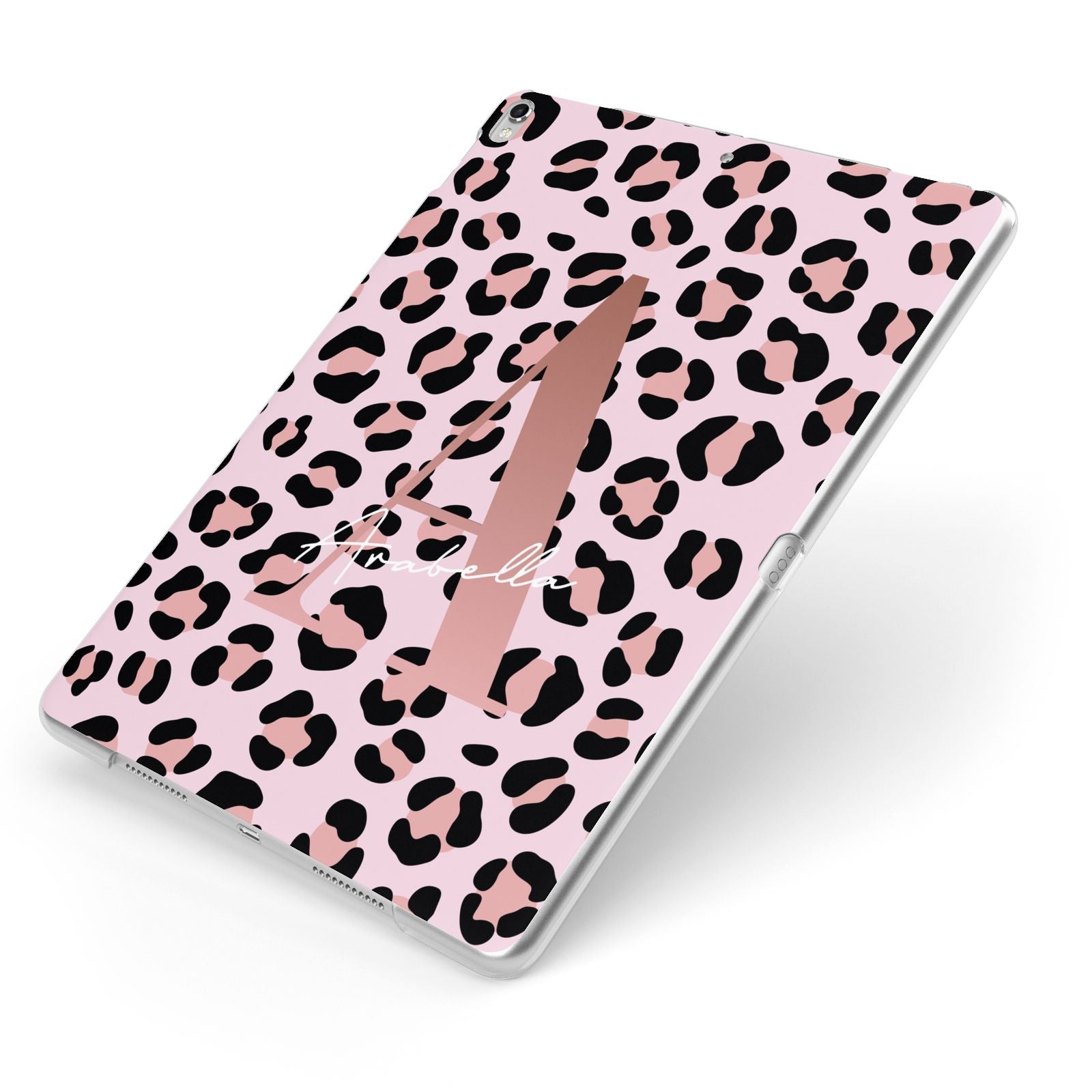 Personalised Leopard Print Initial Apple iPad Case on Silver iPad Side View